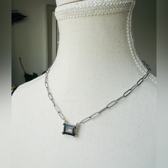 Silver Plated Flat Paperclip Chain with Black Diamond Glass Crystal Rectangular - Picture 1 of 6